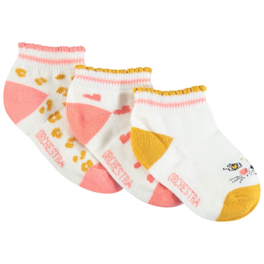 Lot de 3 paires de chaussettes motifs coeurs et léopard - Ecru