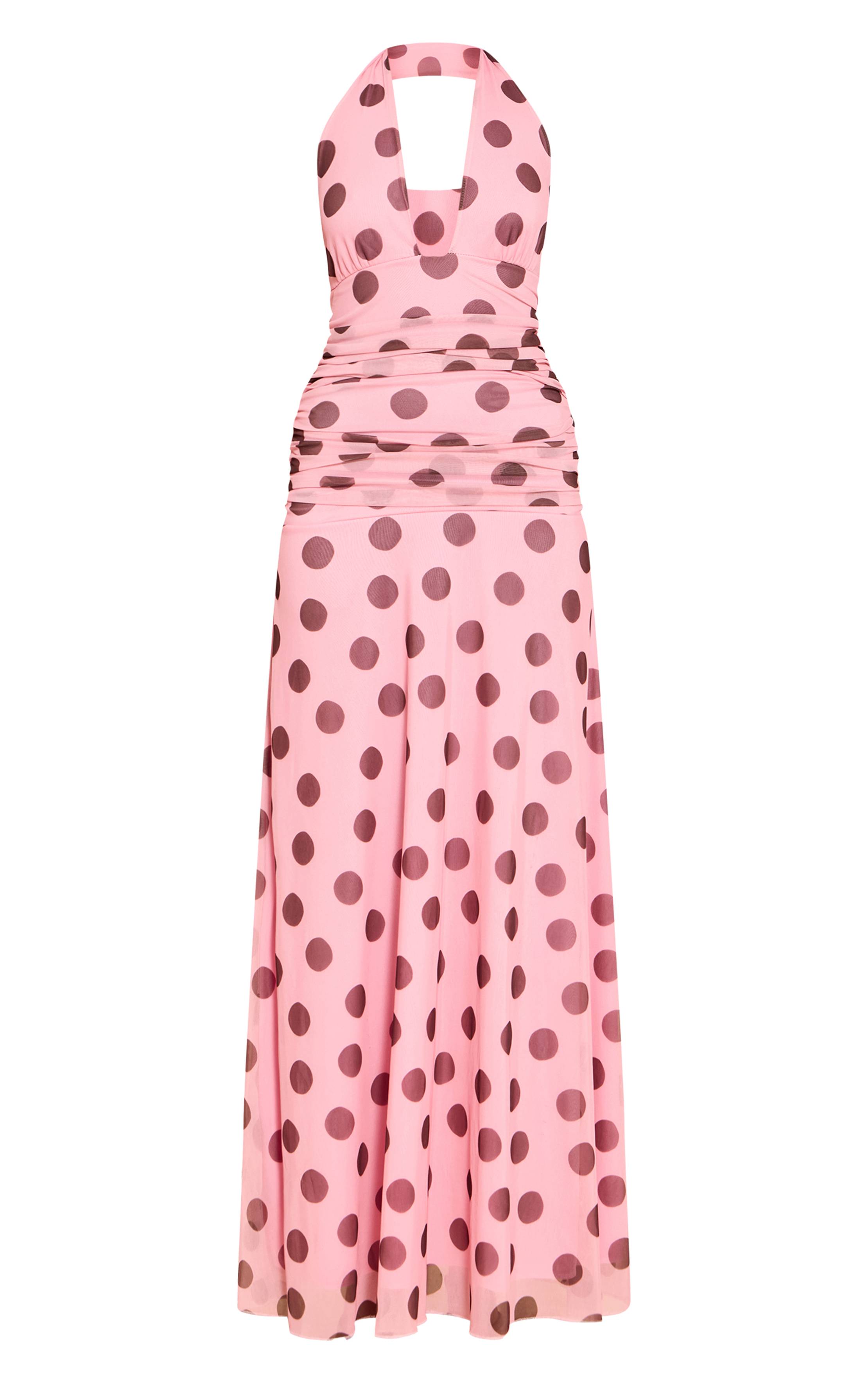 Rose Robe Longue En Mousseline À Pois Et Col Licou