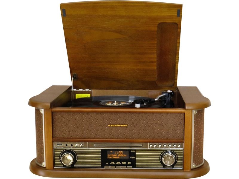 soundmaster Stereoanlage NR566BR Braun Nostalgie-Stereoanlage mit Plattenspieler, DAB /UKW-Radio, CD/MP3, USB, Kassette und Bluetooth