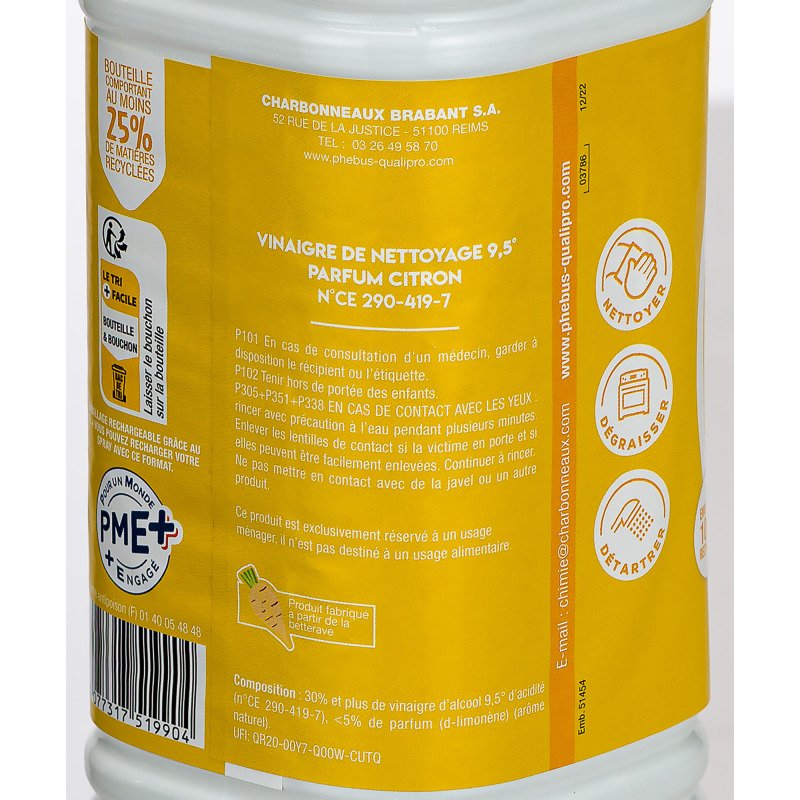 Vinaigre ménager 9,5° citron - Flacon de 1 L