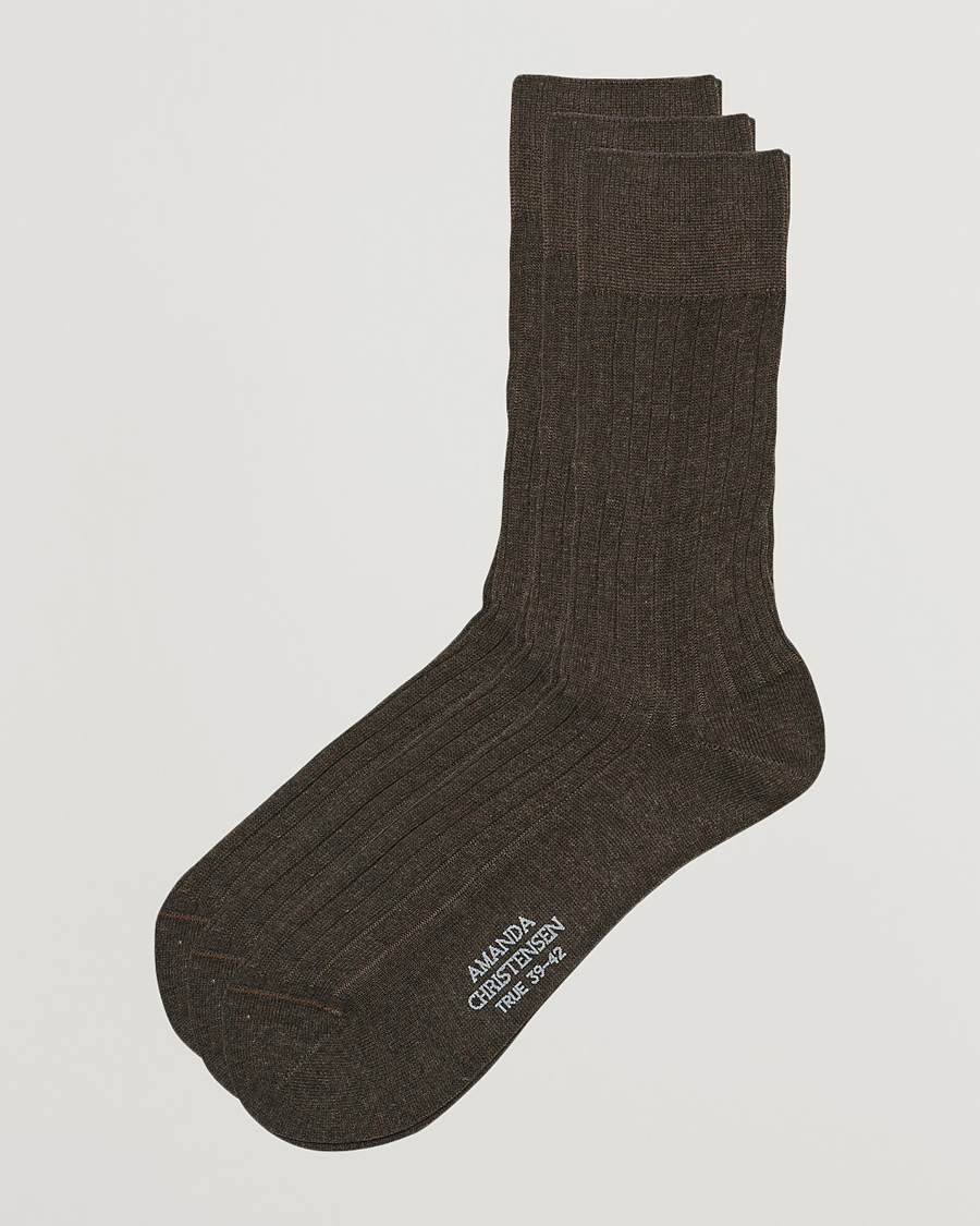Amanda Christensen 3-Pack True Cotton Ribbed Socks Brown Melange
