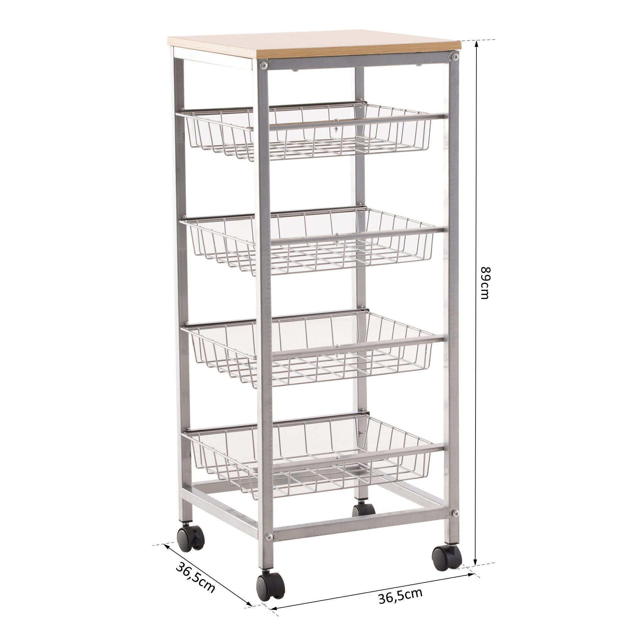 HOMCOM Küchenrollwagen silber, natur 36,5 x 36,5 x 89 cm (LxBxH)