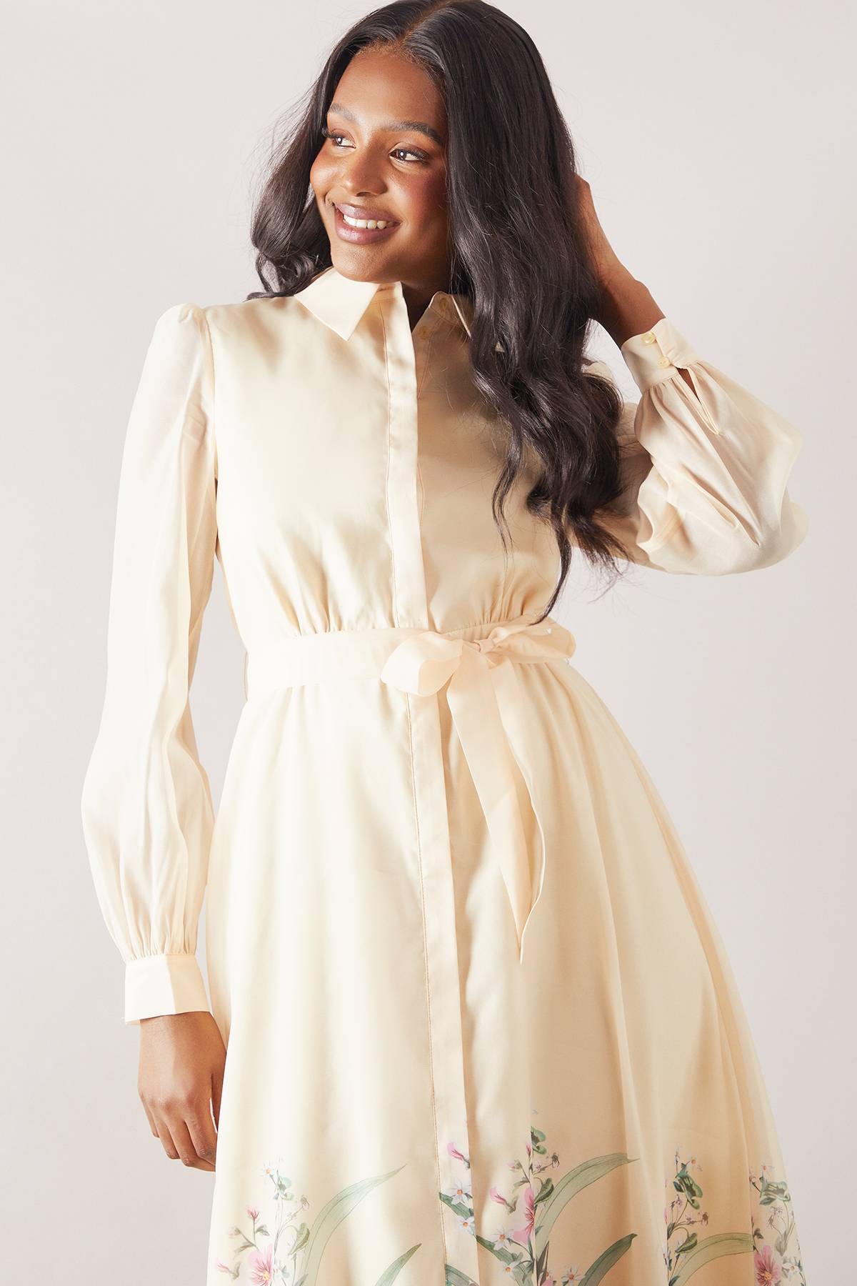 Wallis Robe Chemise Ceinturée en Organza Fleuri