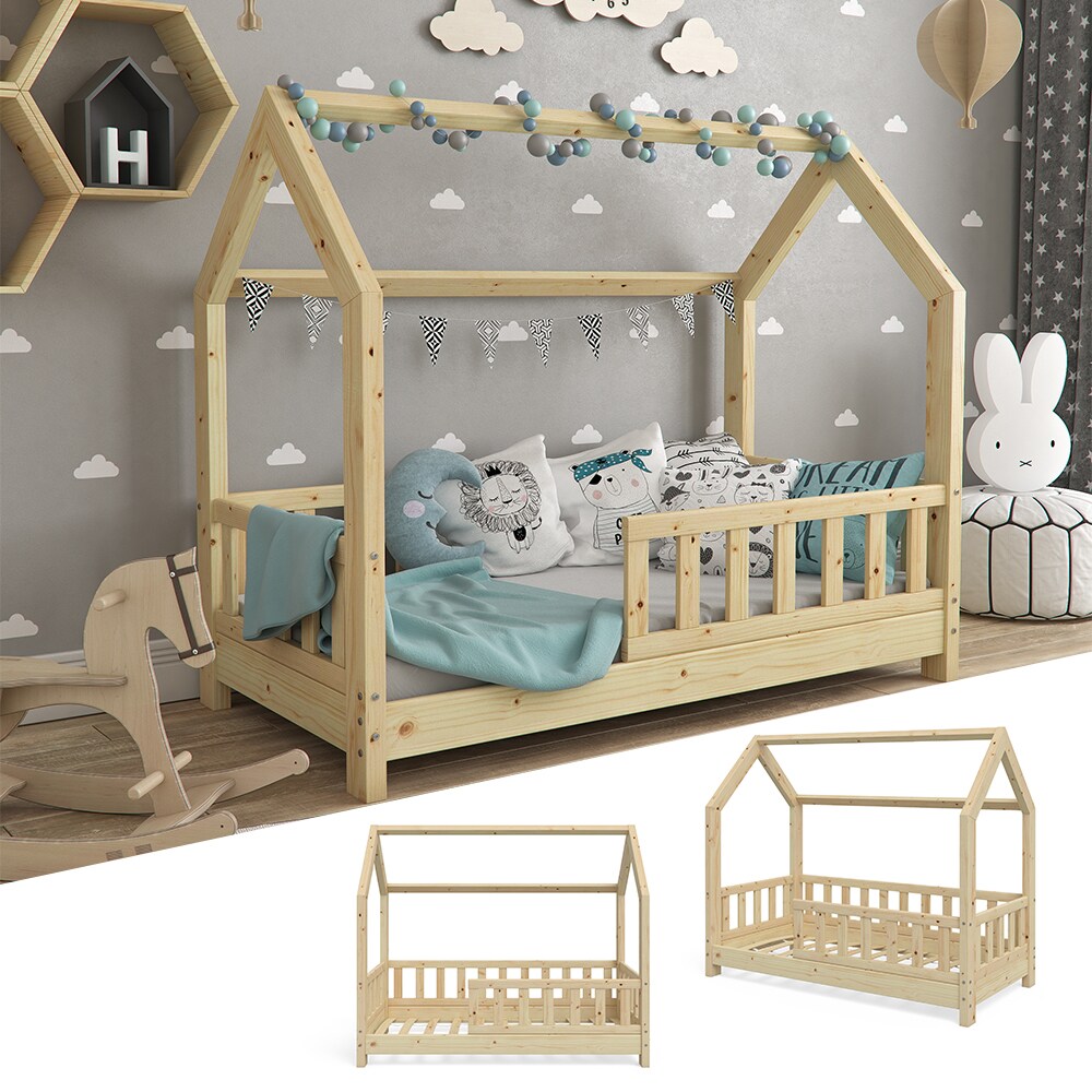 VitaliSpa Hausbett WIKI 70x140cm Zaun Natur Kinderbett Kinderhaus inkl. Matratze