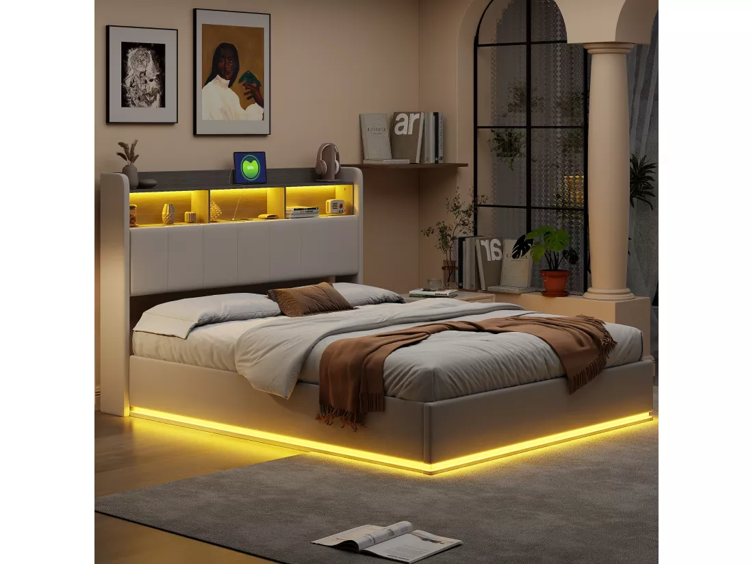 Lit coffre double 140 x 200 cm, tête de lit avec rangements et bande lumineuse LED, chargement USB, velours blanc, sommier à lattes, structure en métal, lit tapissé hydraulique - Blanc