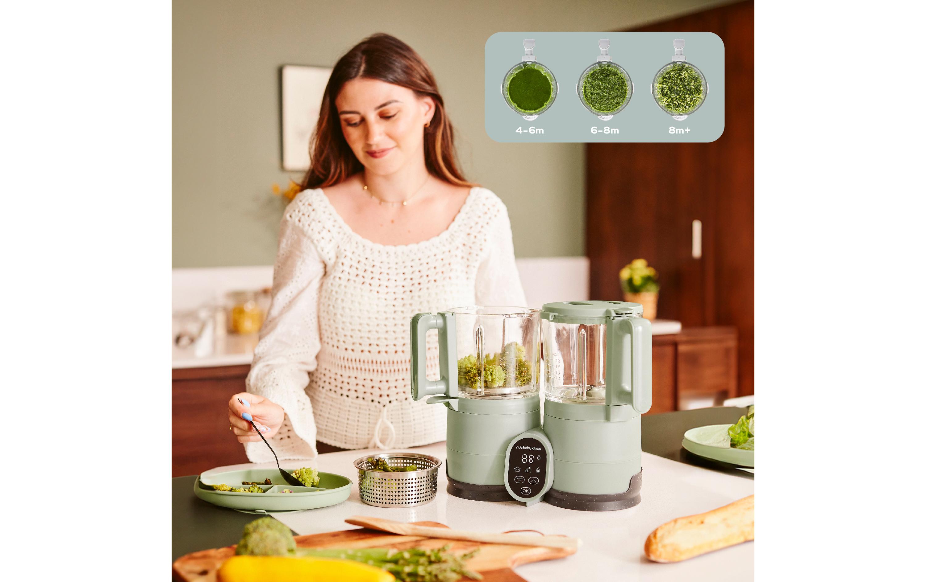 Nahrungszubereiter Nutribaby Glass Green Celadon<br>Babynahrungszubereiter in ökologischem Design für gesunde Mahlzeiten