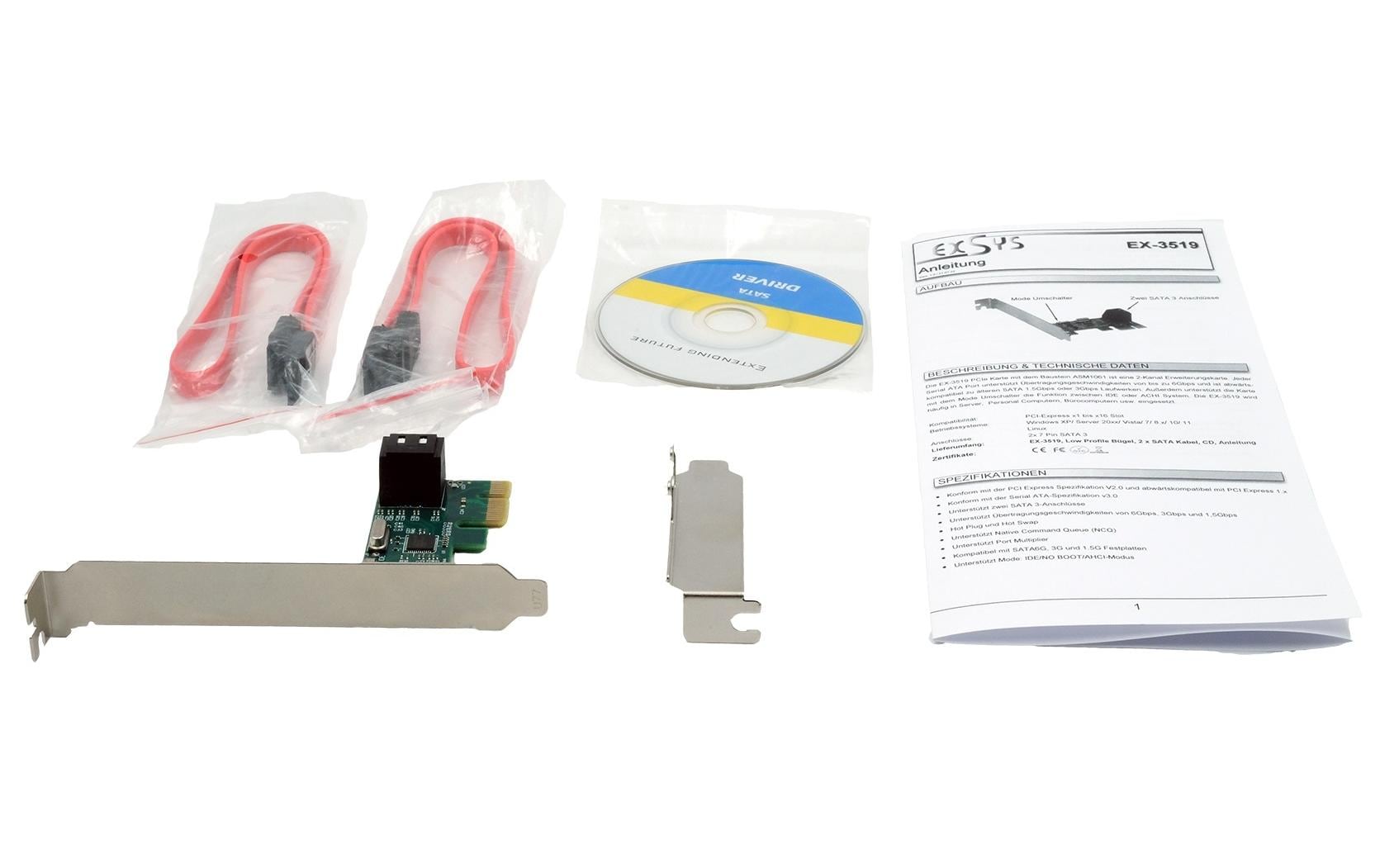 SATA-Controller Exsys EX-3519 für 2 HDD und SSD DrivesSATA 3 PCIe (x1) Controller (Asmedia) für zwei HDD und SSD Drives