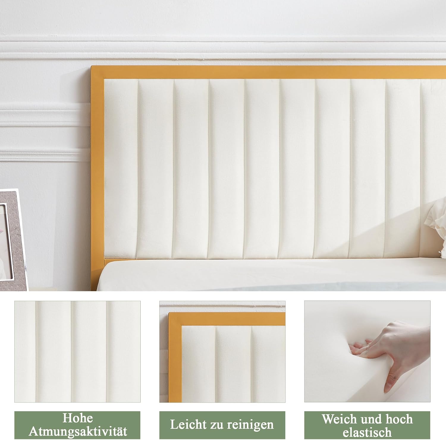 VECELO Bettgestell 140 x 200 cm, Metallbett Doppelbett mit Gepolstertem Kopf- und Fußteil, Bettrahmen mit Lattenrost, 32cm Höhe unter dem Bett, Kein Boxspring Erforderlich, Beige