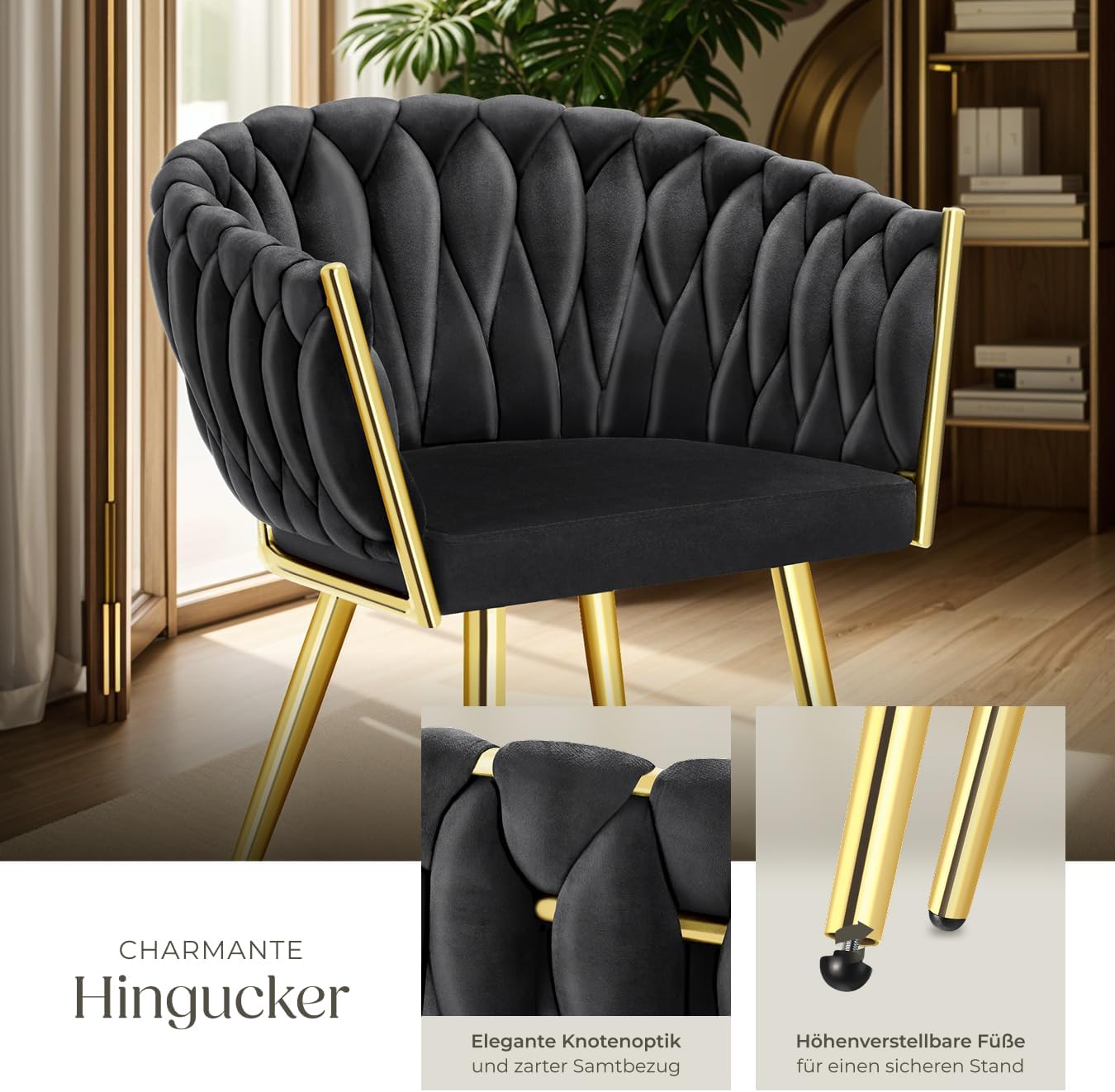 tectake® Samt Stuhl, Schalenstuhl mit Armlehne in Knoten Optik, Esszimmerstühle, Sessel modern für Wohnzimmer, Esszimmer, als Küchenstühle, für Schminktisch, Dining Chair Set - Schwarz/Gold, 4er Set