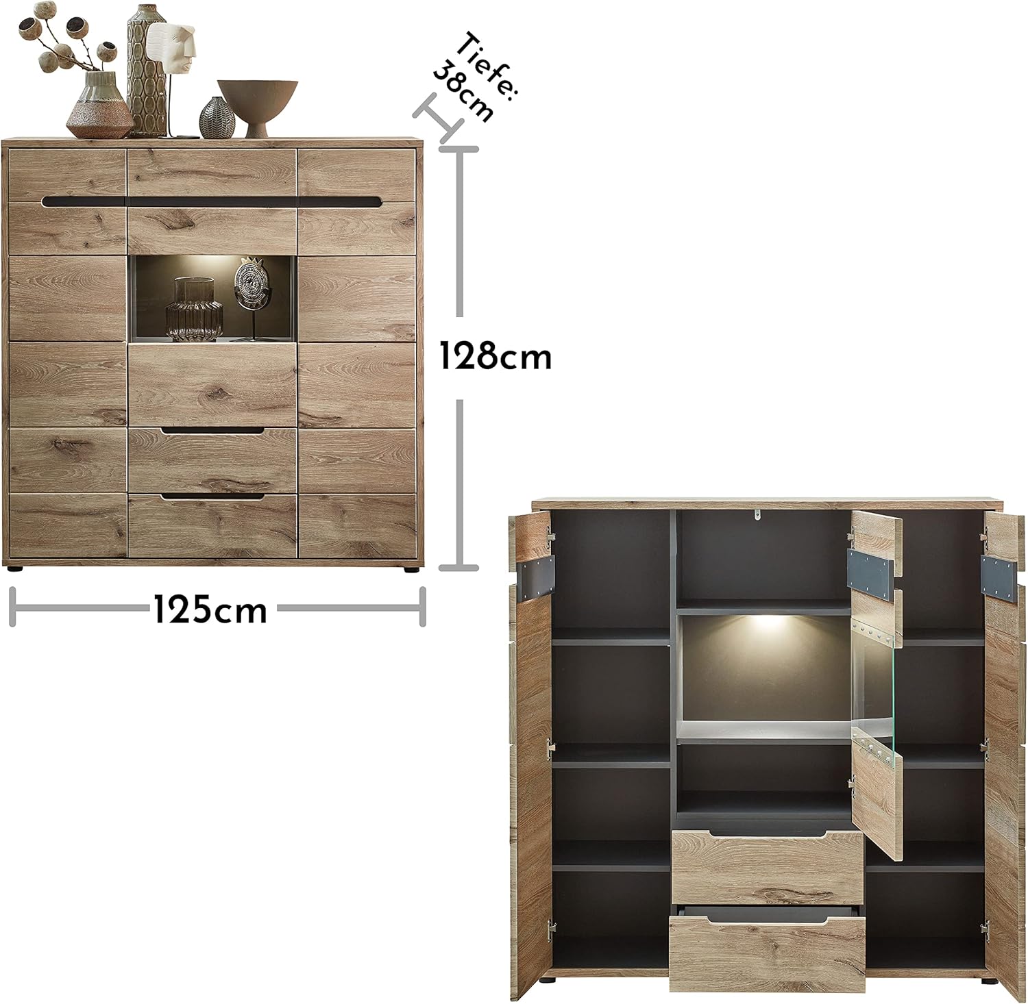 Stella Trading BELLANO Highboard in Viking Eiche Optik, Graphit - Moderner Wohnzimmerschrank mit Schubladen und LED-Beleuchtung - 125 x 128 x 38 cm (B/H/T)