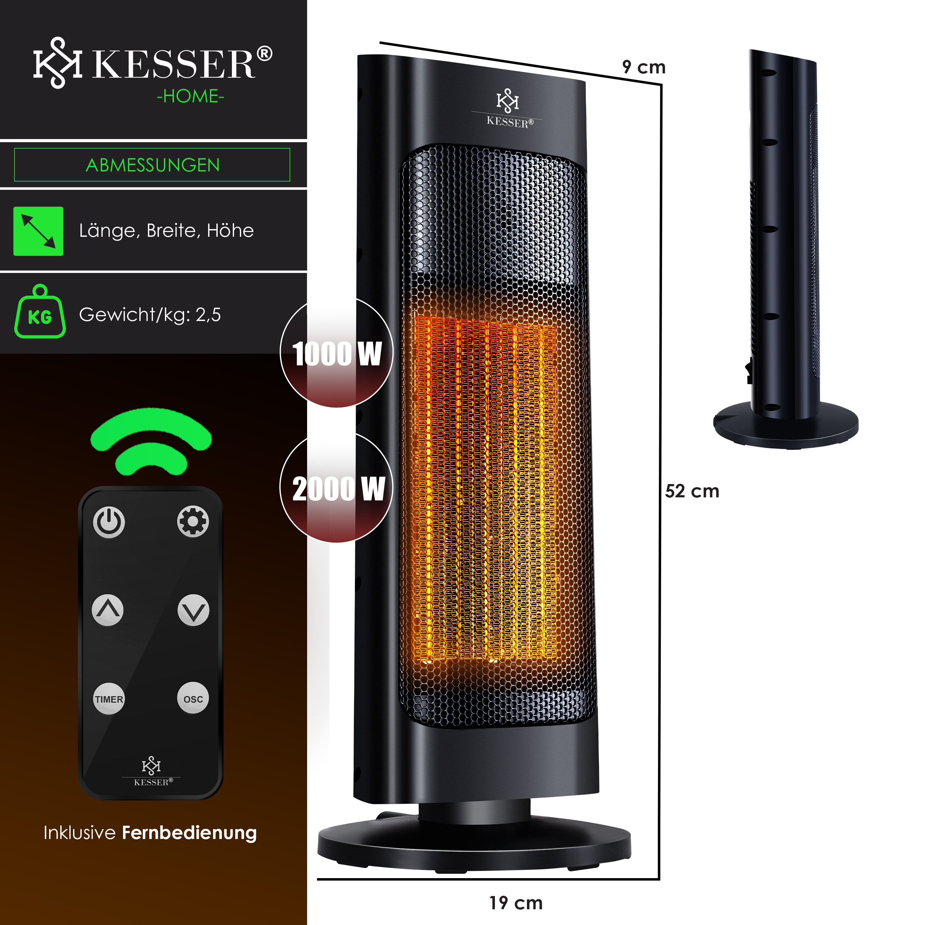 KESSER® Heizlüfter mit Fernbedienung energiesparend leise 2000W Keramik Heizstrahler Standheizstrahler 15-30°C - Schnellheizer mit 80° Oszillationsfunktion 24h TimerHeizung Turmheizstrahler