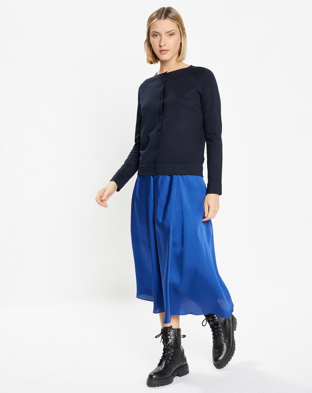 Galeries Lafayette Jupe mi-longue en Satin Roll bleue
