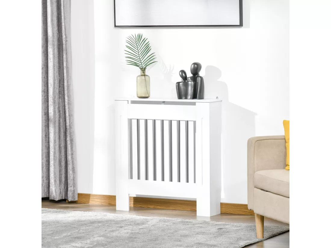 Cache-radiateur design panneau - grille d'aération verticale à lattes - dim. 78L x 19l x 81H cm - MDF blanc