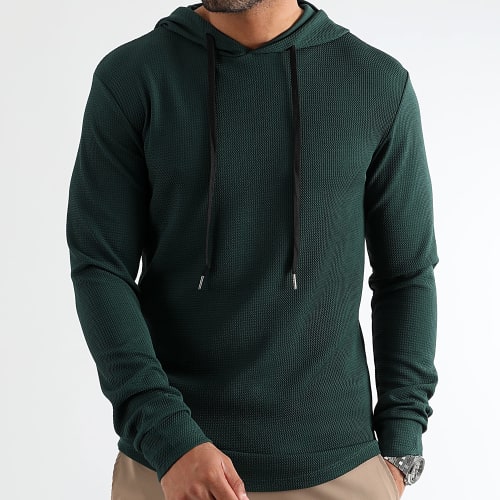 Sweat Capuche Oversize Texturé Waffle 0595 Vert Bouteille