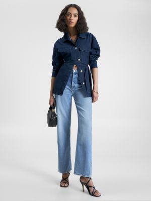 Calça jeans desbotada de cintura alta, corte reto e modelagem relaxada.