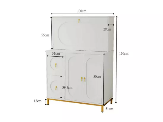 Secrétaire avec 3 porte et 2 tiroirs - MDF et métal - charnières - Blanc - 100x51x150cm