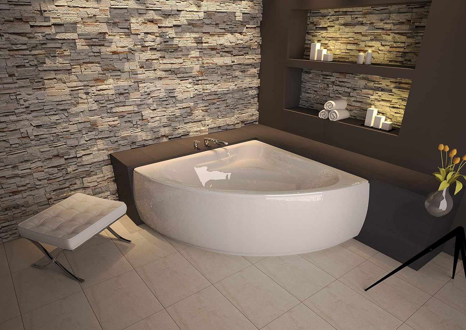 ECOLAM® symmetrische Badewanne Eckwanne Mia 140x140 cm Modern Design Acryl weiß Ablaufgarnitur Ab- und Überlauf Automatik Füße Silikon Komplett-Set (+ Acrylschürze)