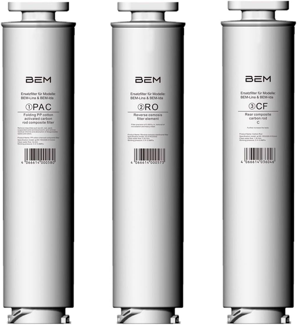 BEM 3er-SET (RO, PAC und CF) Ersatzfilter für BEM LINA und IDA Wasserfilter, Filterkartuschen, PAC + RO + CF Filterelemente, Filterpatronen