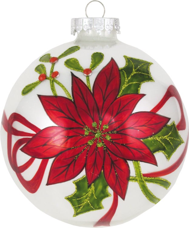 Porseleinen witte glazen bal van 10 cm met kerstster, handbeschilderd (1 stuk), 1 st., Kerstballen, Kerstboomversiering, Kerstboomornamenten