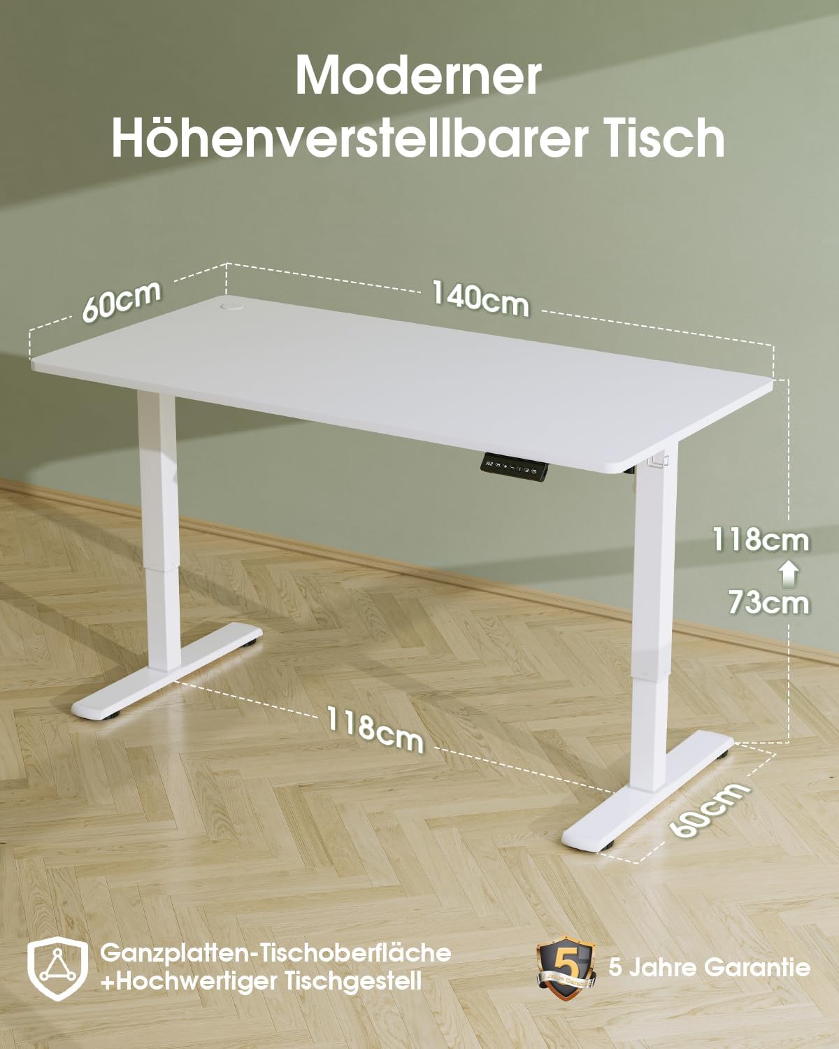 Flamaker Höhenverstellbarer Schreibtisch Ganze Tischplatte 140 x 60 cm, Schreibtisch Höhenverstellbar Elektrisch mit Memory Steuerung, Gaming Tisch mit Sitzende Erinnerung und USB-Aufladung (Weiß)