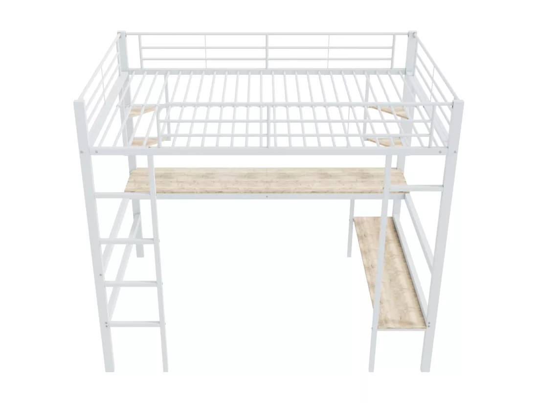 Lit mezzanine 140 x 200 cm avec bureau et étagères - Métal - Sommier à lattes - Blanc (sans matelas)
