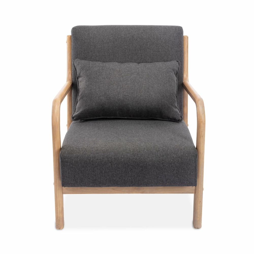 Fauteuil design en bois et tissu. 1 place droit fixe. Pieds compas scandinave. Structure en bois solide. Assise confortable. Gris