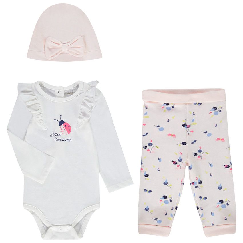 Ensemble 3 pièces en jersey bonnet + body + legging imprimé pour bébé fille - Ecru