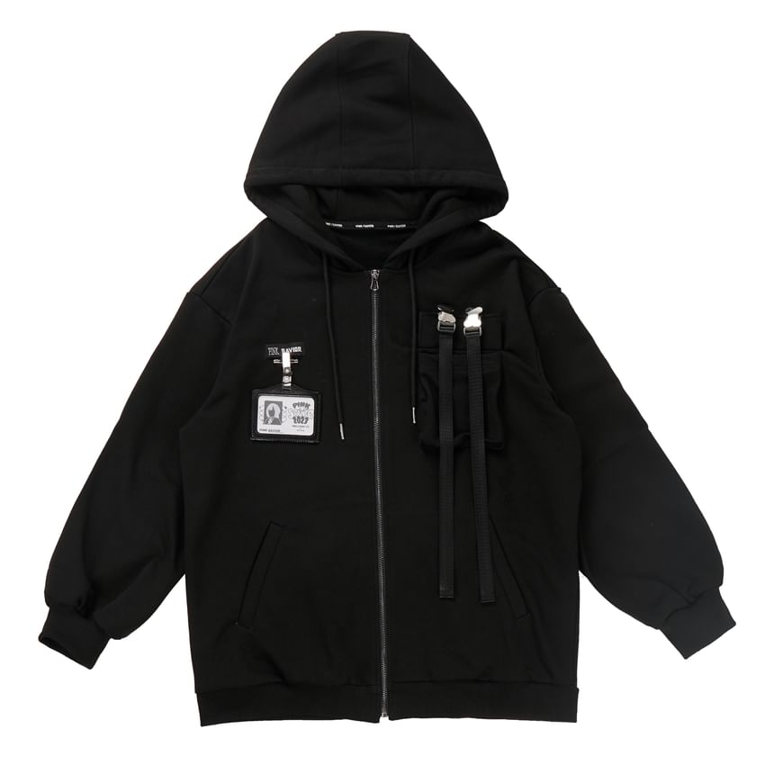 Florimi - Hoge taille gestreepte haak-en-oog mini A-lijn rok / Overhemd met lange mouwen en knoopsluiting / Naambadge accent, gesp en ritshoodie / Effen wijde broek / Stropdas / Set