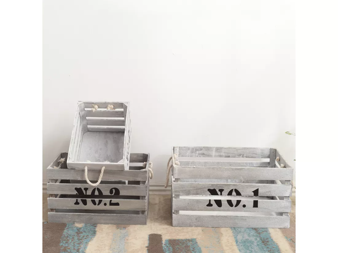 Lot 3 Boite Rangement Fruit Bois Blanc Noir Shabby 22x41x30