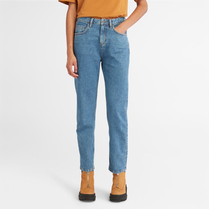 Calça jeans feminina de cintura alta em cânhamo azul claro.