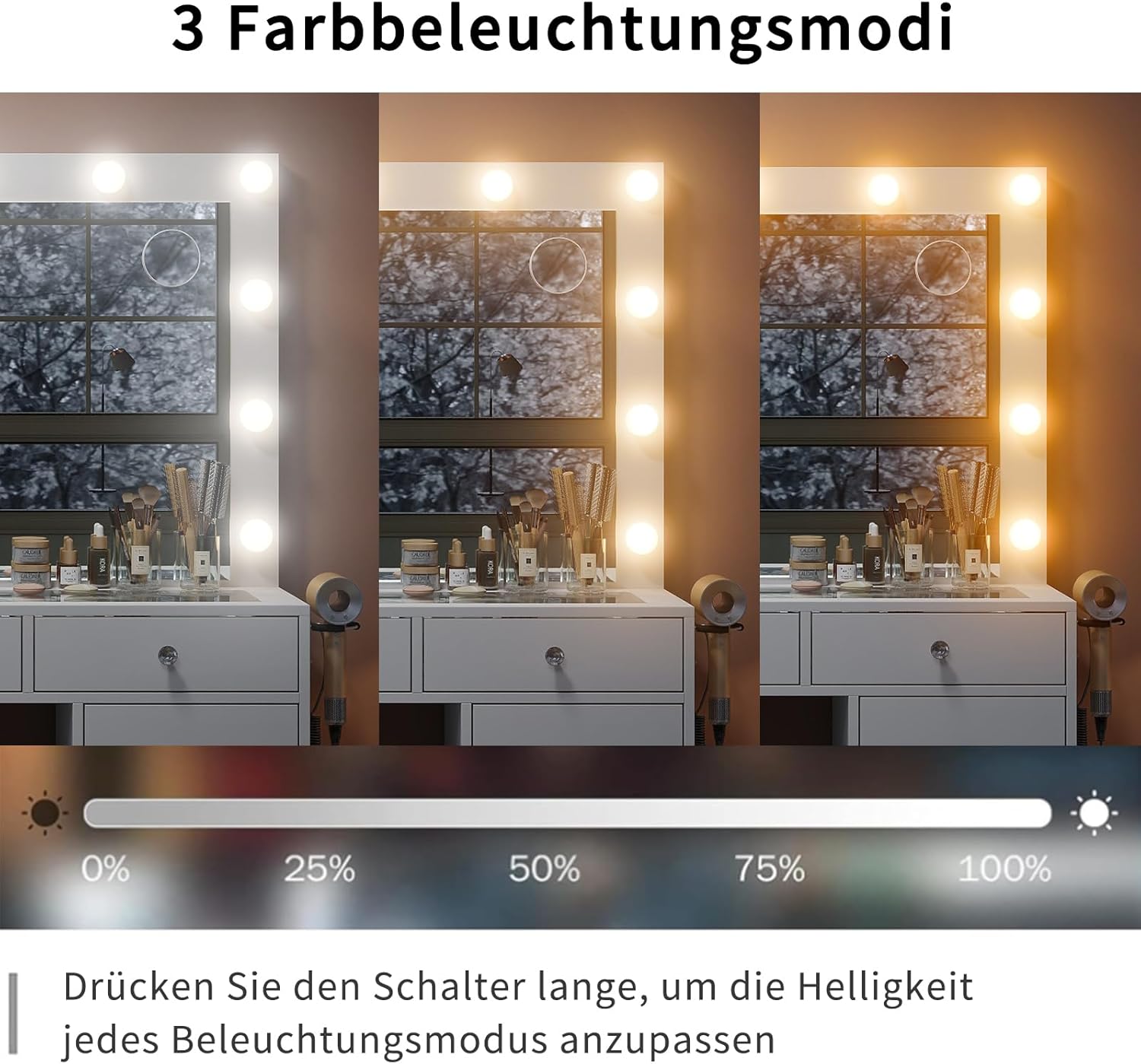 Schminktisch mit Beleuchtung und Spiegel, 11 Schubladen, Glasplatte, 12 LED-Lampen, 3 Lichtmodi, Schminktisch mit Hocker & Steckdose, Make-up Tisch für Schlafzimmer & Ankleidezimmer
