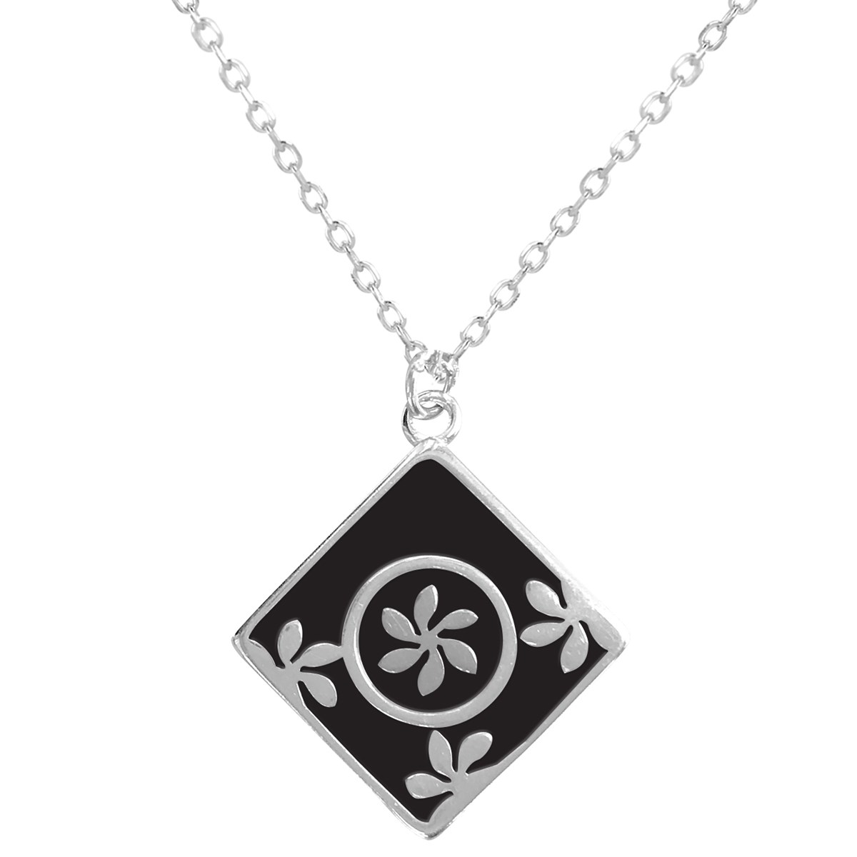 Collier fleur en argent rhodié avec émail noir