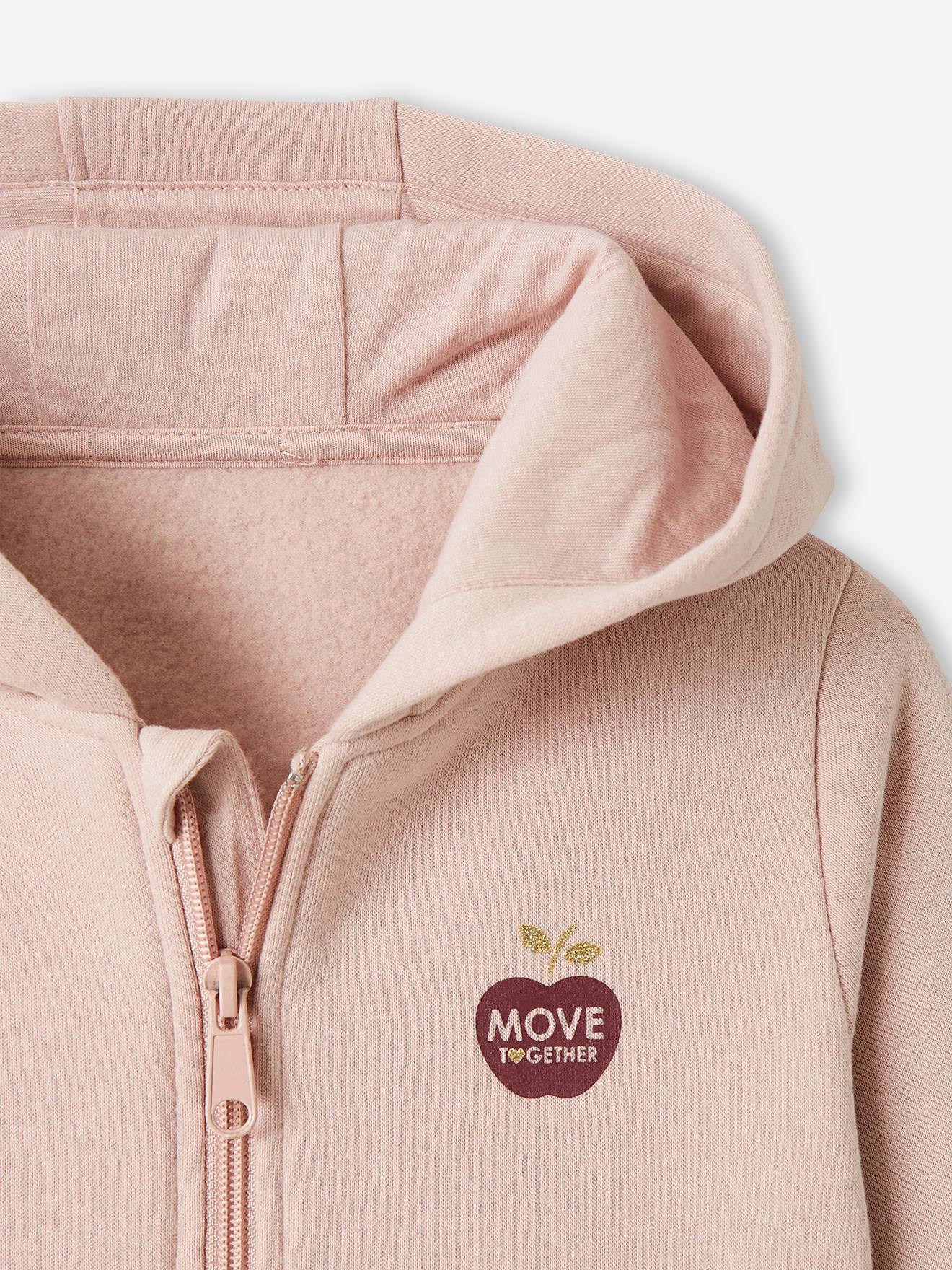 Moletom infantil feminino azul médio liso com zíper, capuz esportivo e detalhes decorativos.