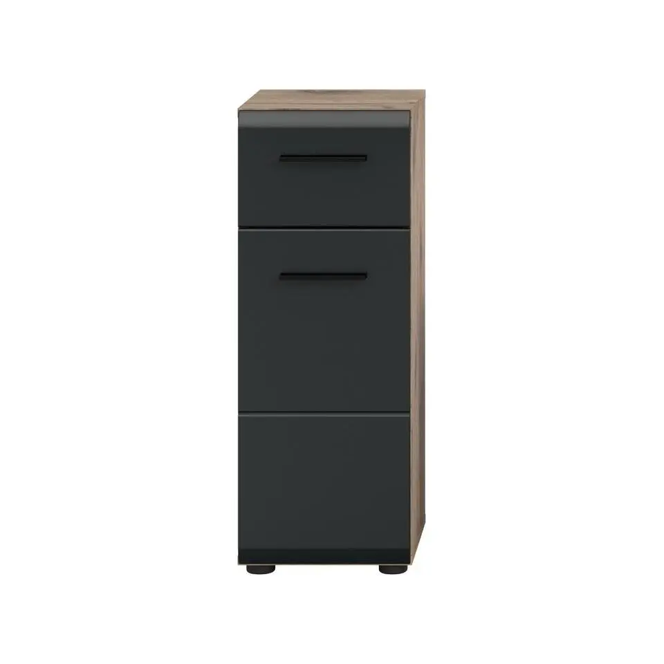 Hioshop Ice badkamerkast 1 deur- 1 lade zwart mat- eiken decor