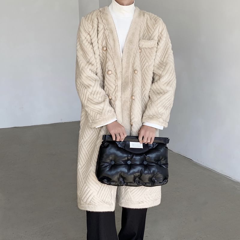Freehop - V-hals effen fleece midi-dubbelrijsjas