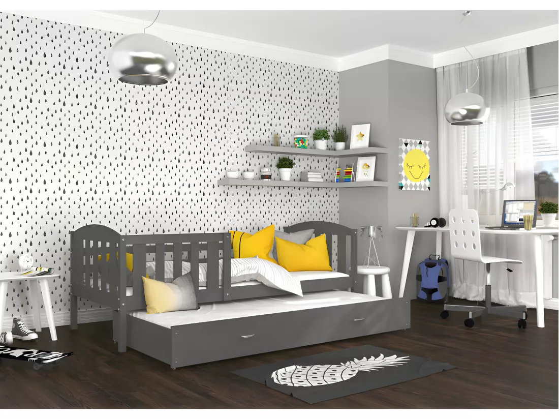 Lit Gigogne Teo 90x190 Gris - gris Livré avec sommiers, tiroir et matelas en mousse de 7cm