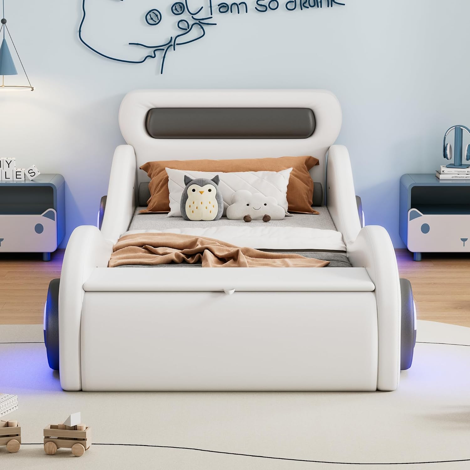 Kinderbett Autobett 90x200, Polsterbett Einzelbett Jugendbett mit leuchtenden Rädern&Stauraum, Aufregendes Auto Kinderbett für kleine Rennfahrer, Kinder Spielbett mit Lattenrost, PU,Ohne Matratze,Weiß