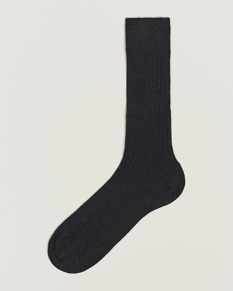 Bresciani Wool/Nylon Ribbed Short Socks Anthracite