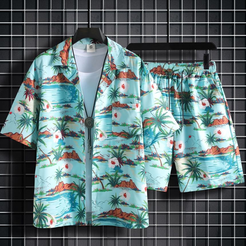 Acrius - Set: Hawaii-overhemd met korte mouwen en tropische print + korte broek met trekkoord