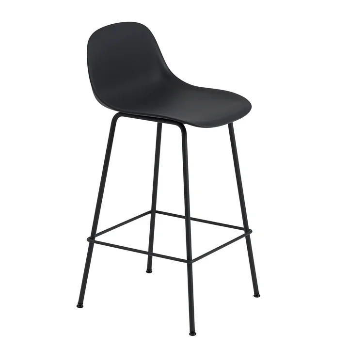 Muuto - Fiber Barhocker Tube Base mit Rückenlehne H 65 cm, schwarz / Leder cognac