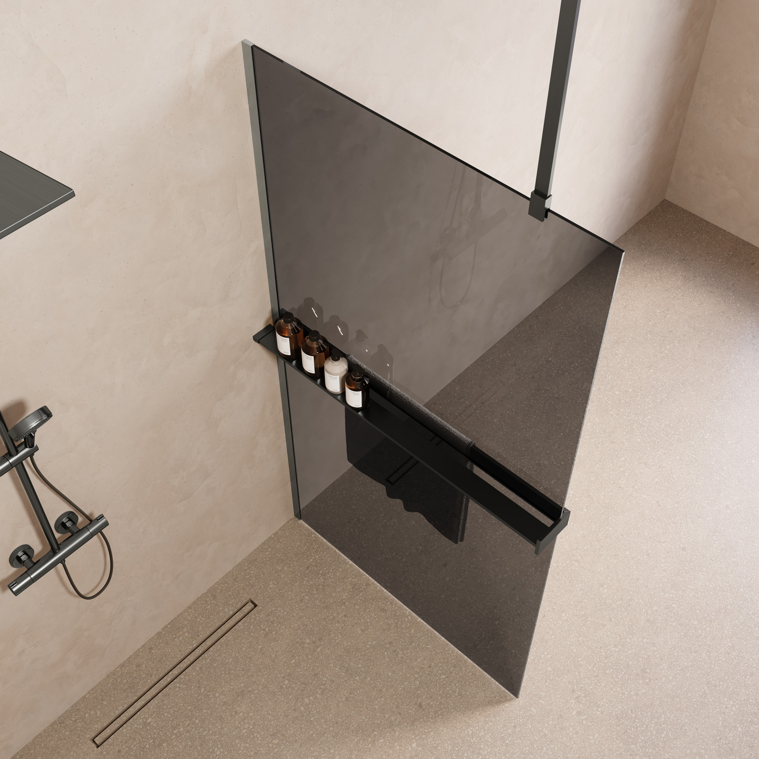 Saniclear Bright inloopdouche 80cm met handdoekhouder en rookglas verouderd ijzer - gunmetal