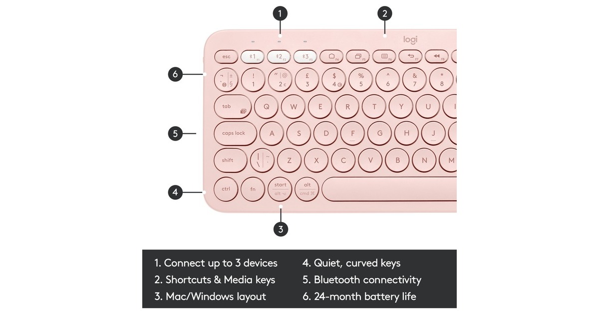 LogitechK380 Multi-Device Bluetooth Keyboard, toetsenbord  (Lichtroze, EU lay-out (QWERTY), Bluetooth 3.0)