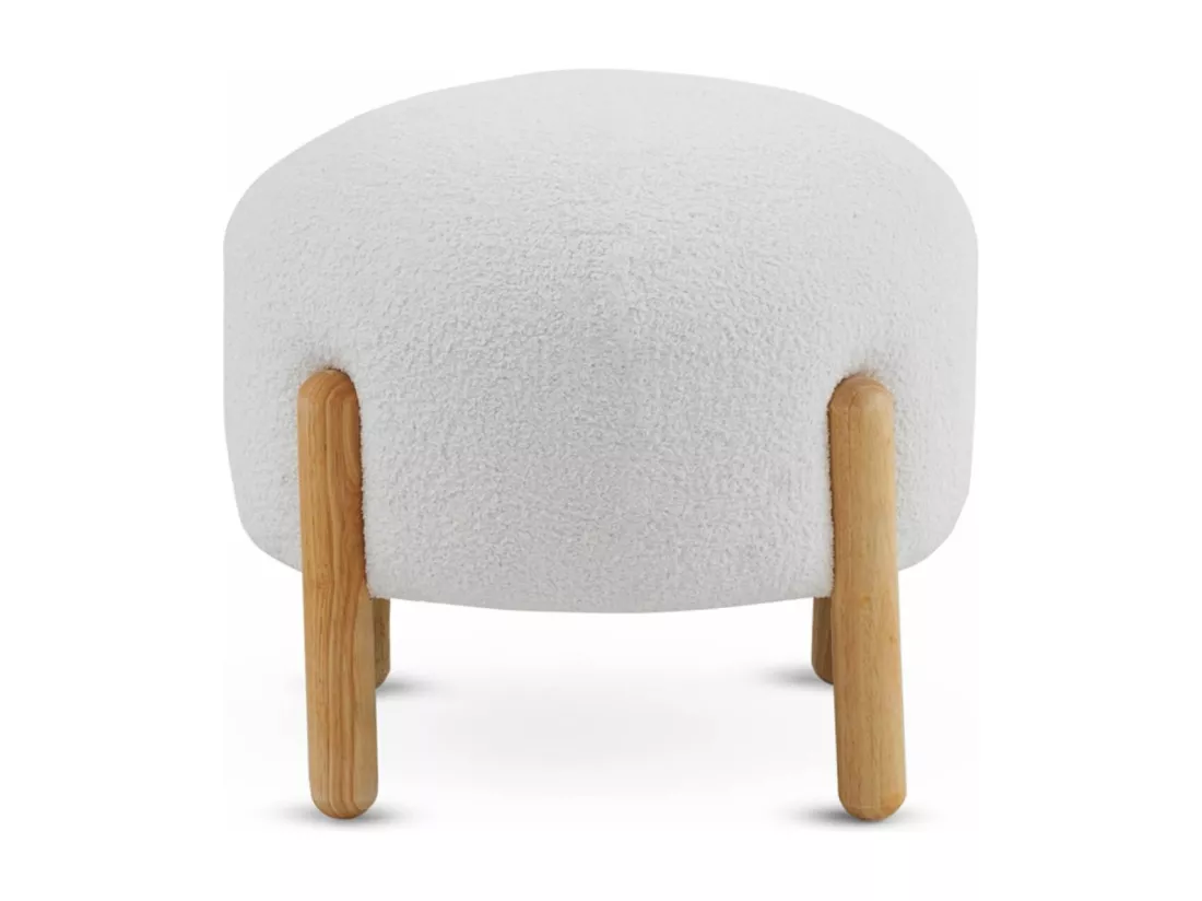 Pouf tapissé en boucle blanche avec structure et pieds en pin naturel