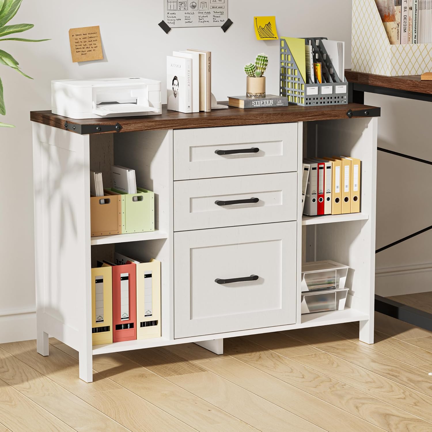 Aktenschrank, mit 3 Schubladen und 4 offenen Fächern Aufbewahrungsschrank, Aktenschrank für Büro und Zuhause, Multifunktionsschrank mit verstellbaren Fächern, 88 * 35 * 66CM, weiß