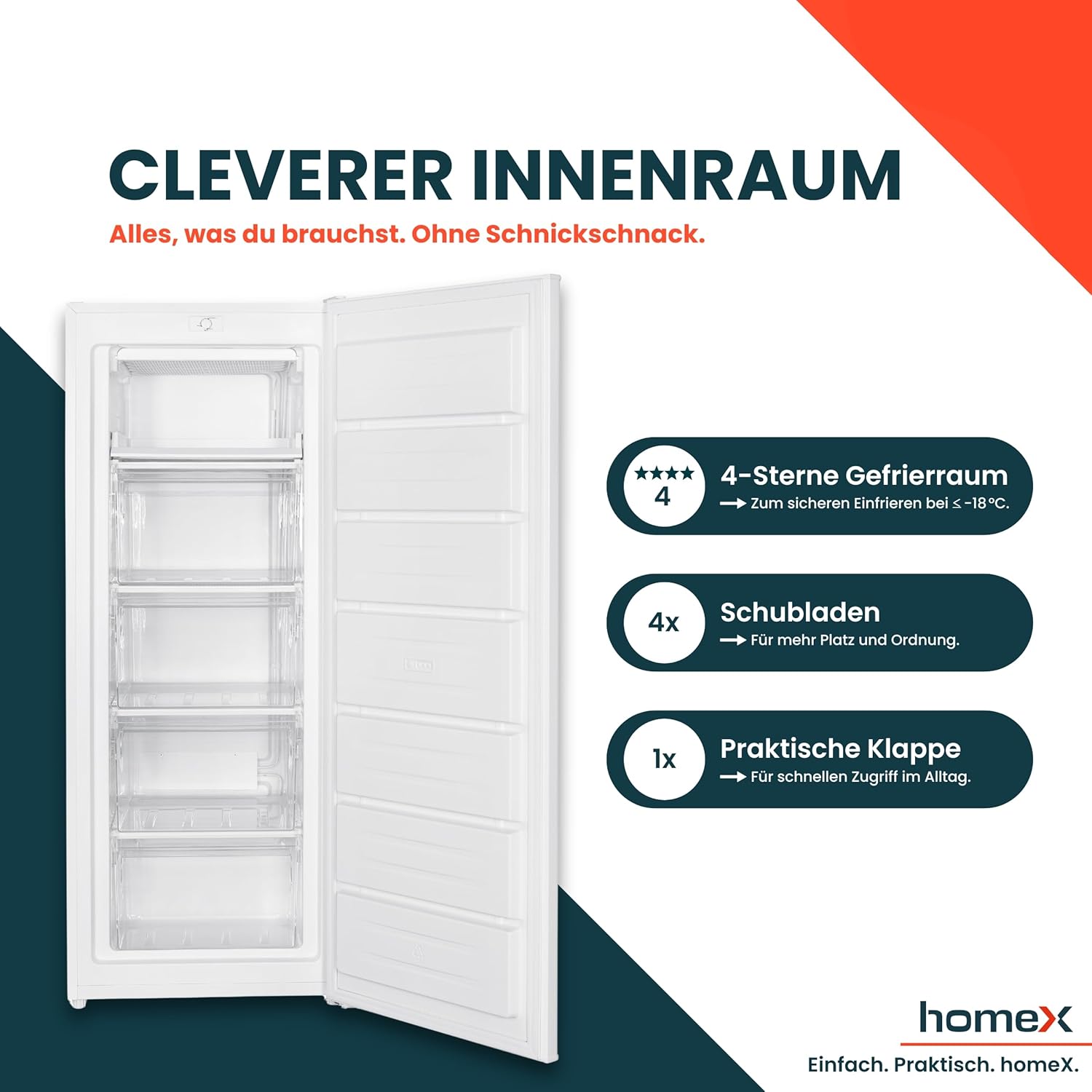homeX Gefrierschrank, Tiefkühlschrank groß - 168L Nutzinhalt, 4-Sterne Gefrieren, XXL Freezer, Gefrierschränke freistehend, Temperaturregelung, wechselbarer Türanschlag, leise 40 dB, Gefriergerät weiß
