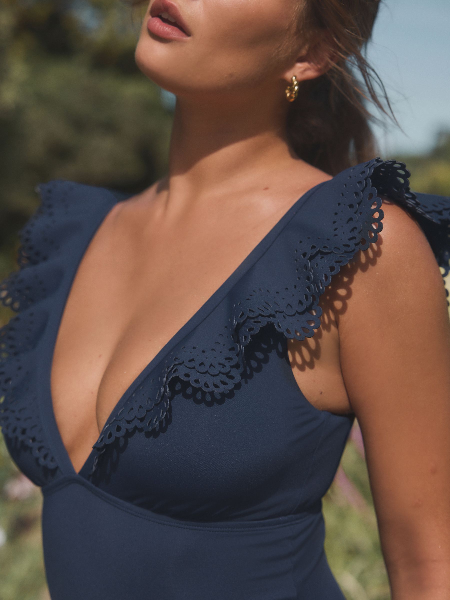 Marineblauw - Plunge Frill Laser Cut Tummy Control Zwempak