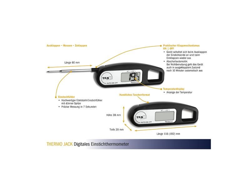TFA Dostmann Einstichthermometer THERMO JACK, Schwarz Digitales Einstichthermometer