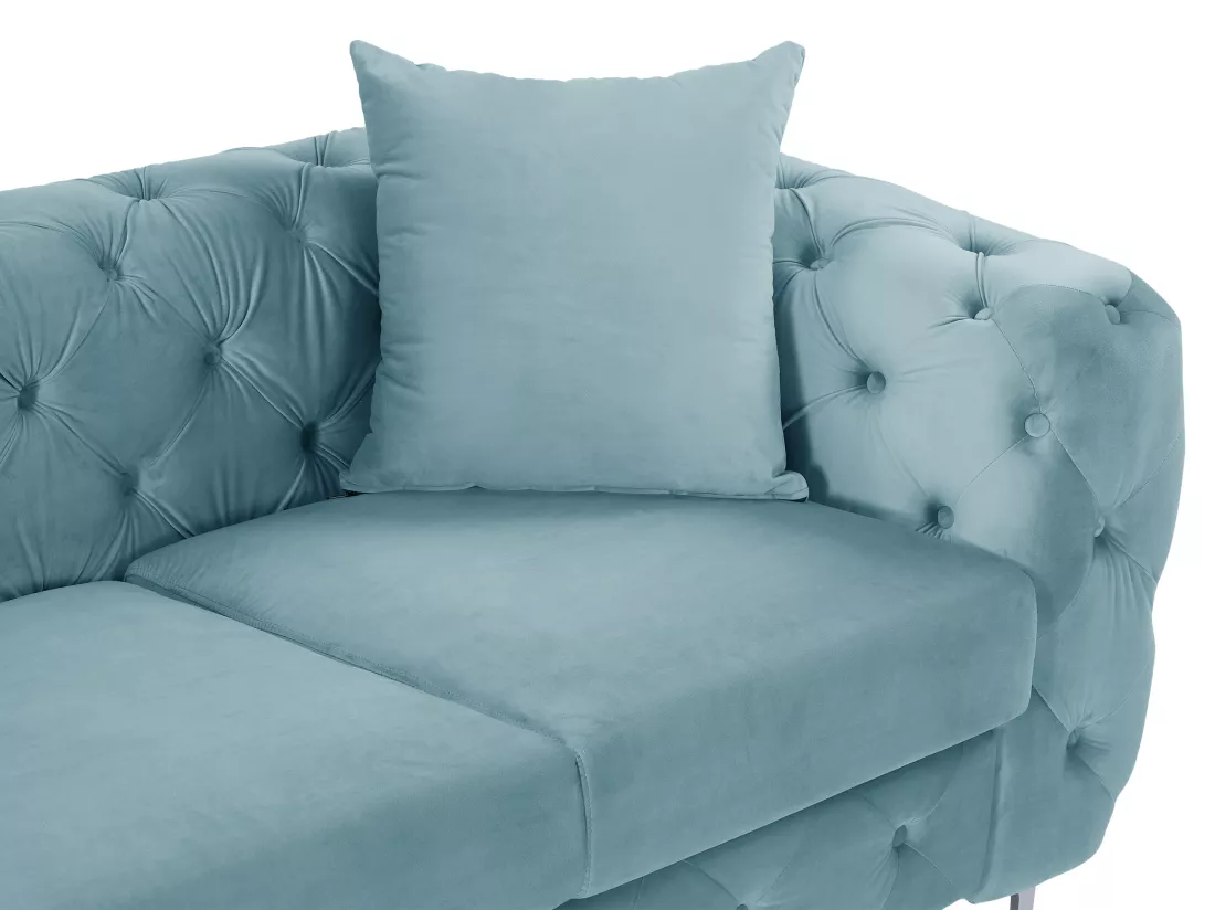 Canapé 3 places, 2 places et pouf chesterfield en velours bleu pastel EDWINA