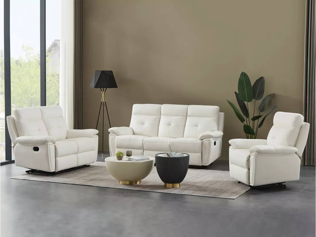 Canapé 3 places et fauteuil relax en cuir blanc VINETA