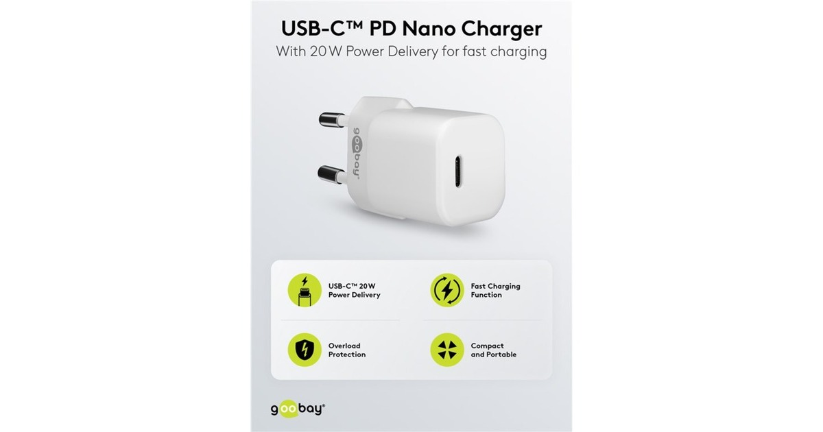 goobayUSB-C PD GaN snellader Nano (20 W)   (Wit, 1x USB-C, Power Delivery 3.0)
